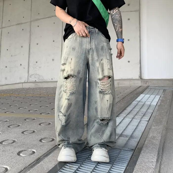Nouveauté 2026 : Jean déchiré pour homme, coupe droite ample et décontractée, pantalon large – Un in