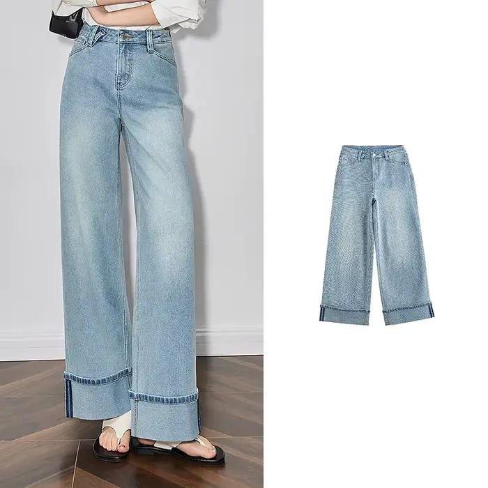 TOYOUTH femmes Denim jean 2025 printemps nouveau à la mode ourlet retroussé droit jambe large pantal