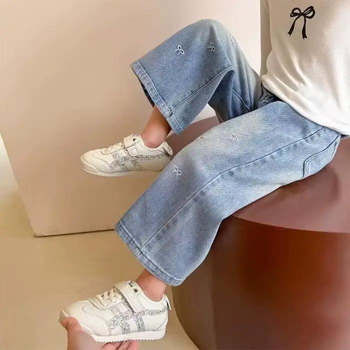 Jeans pour filles, mode printemps-automne, pantalon droit à nœud pour enfants, pantalon décontracté à jambes larges, 2-9 ans