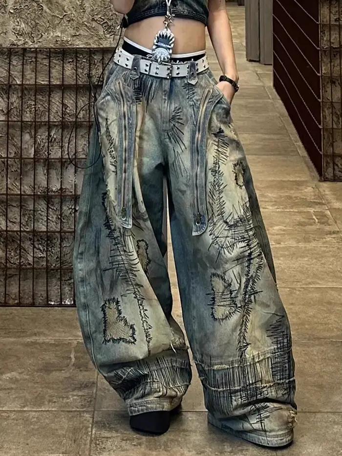 Pantalon en Denim brodé de Style American Street Destruction