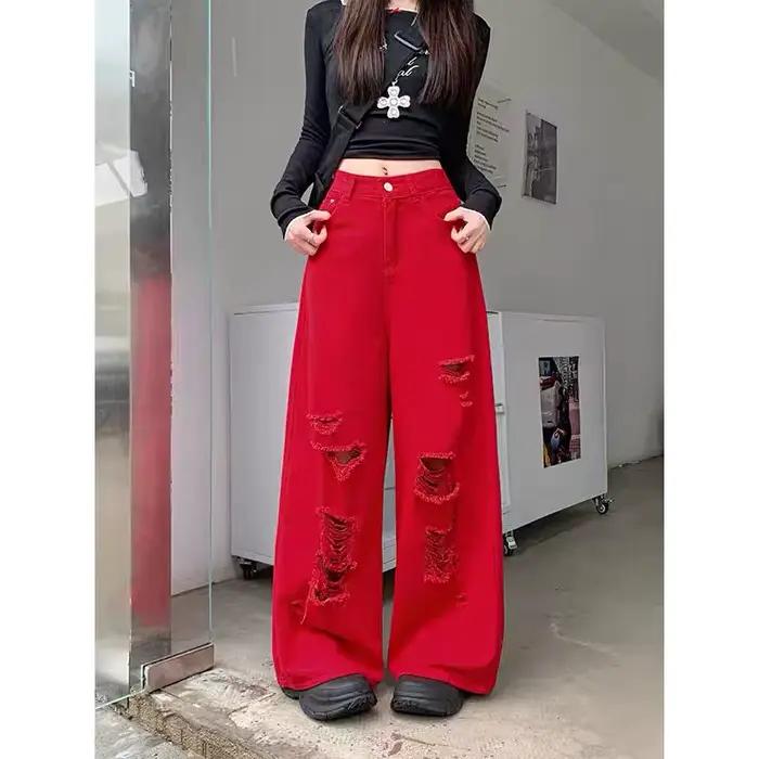Jean Baggy Vintage Rouge Déchiré pour Femmes Style Streetwear Occasions Spéciales Printemps Automne