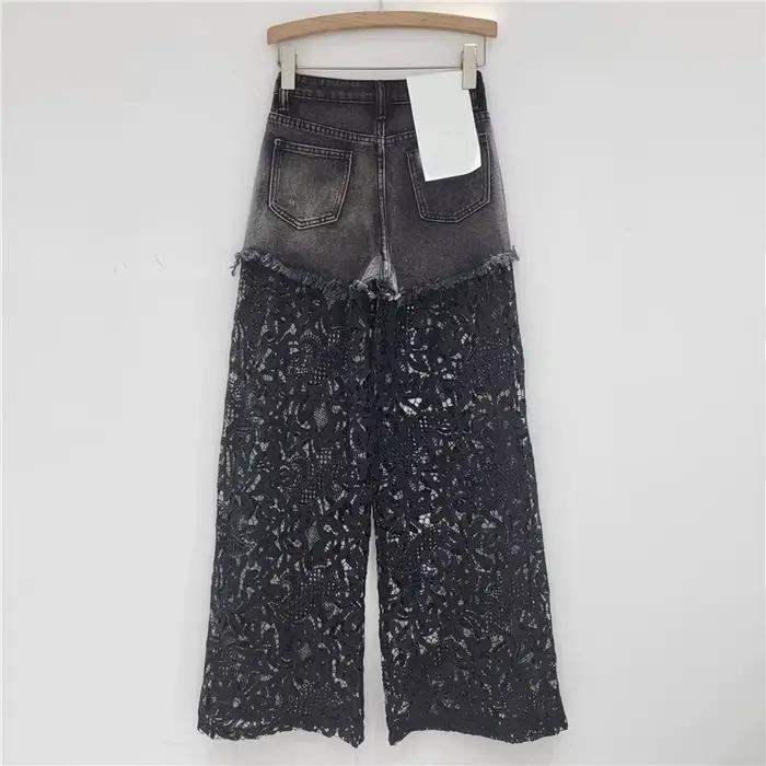 DEAT femmes jean diamants chauds trous cassés Patchwork dentelle taille haute pantalon en Denim droit 2026 nouvelle mode été 29A1333