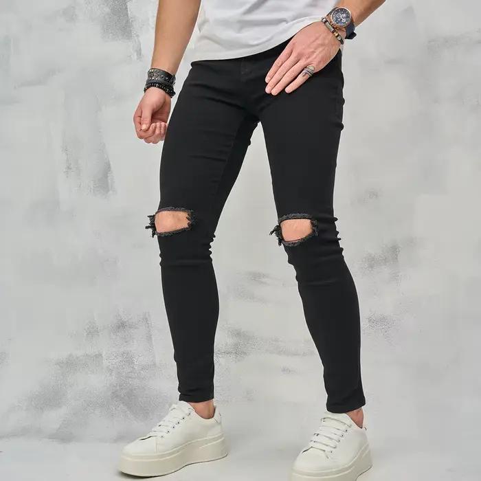 Streetwear hommes jean maigre déchiré genou longueur Hip Hop mode mince homme pantalon Stretch lavé Jogging décontracté