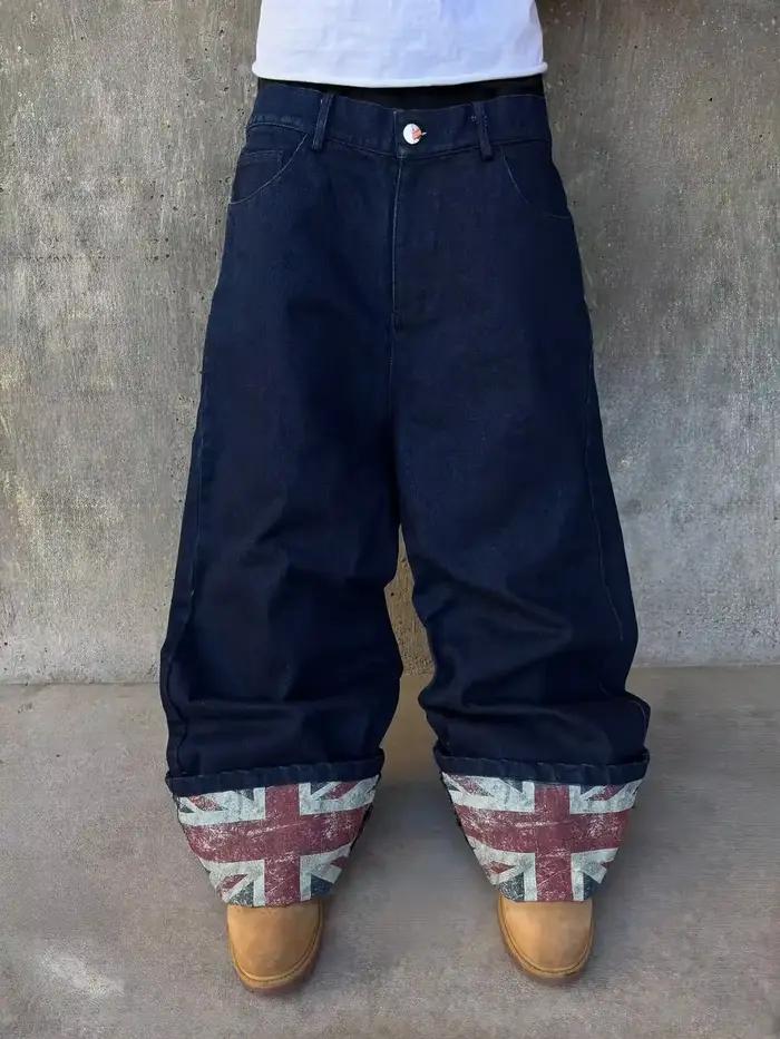 Drapeau britannique imprimé design rétro patchwork bord roulé jean pour hommes rue décontracté lavé ample jambe large