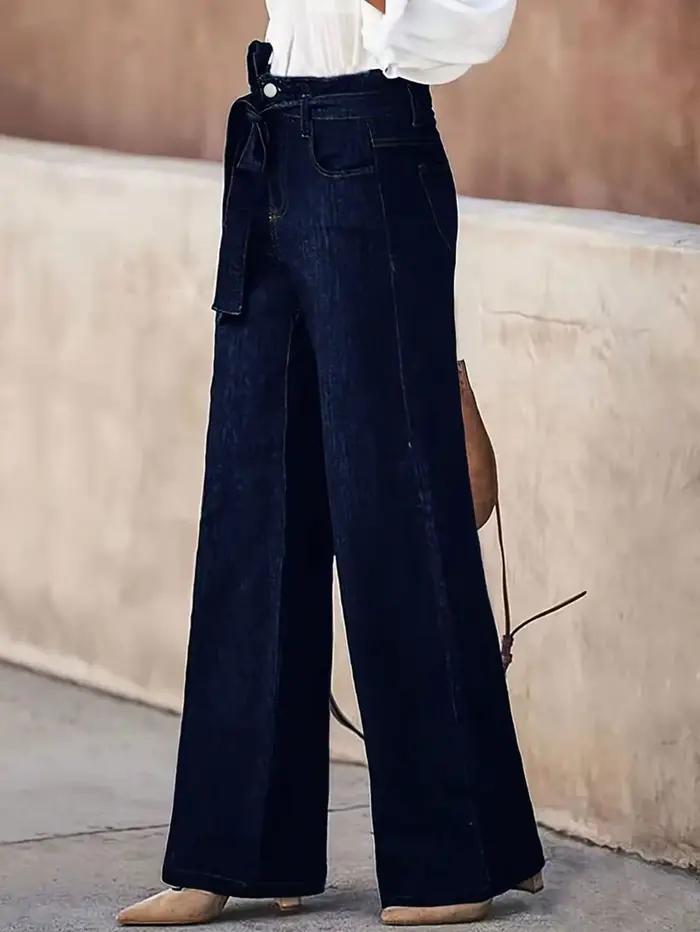 Jean en jean à jambes larges pour femme avec ceinture – Pantalon ample élégant et confortable pour un usage quotidien