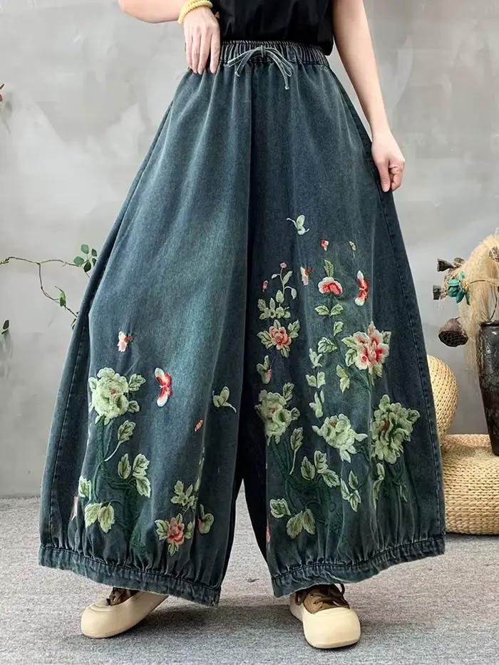 Amax luluE été femmes mode jean à fleurs surdimensionné Denim pantalon dames ample décontracté Vintage broderie jambe large Pantalons