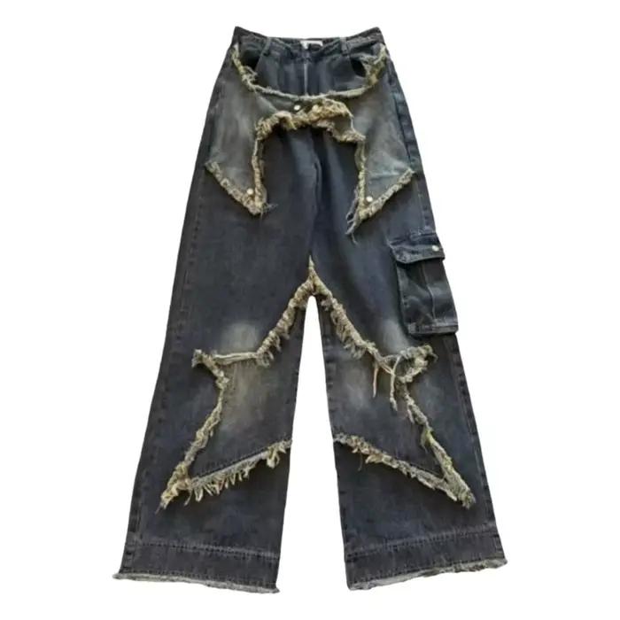 Jean taille haute coupe droite ample avec motif étoile