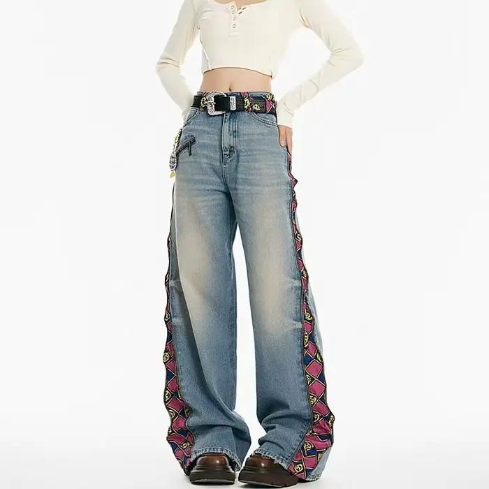 American Sle fermeture éclair Plaid imprimé Patchwork jean ample pour hommes et femmes mode taille haute décontracté