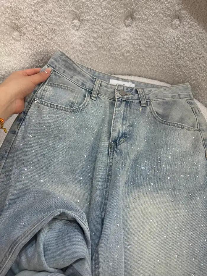 Jean rétro en strass pour femme 2026 – Nouveau pantalon décontracté en denim coupe droite