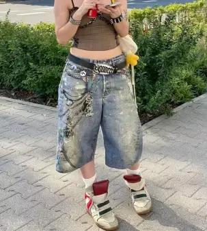 Shorts de sport dégradés en denim coton pour jeunes filles style Y2K amples et décontractés ocassions estivales et automnales