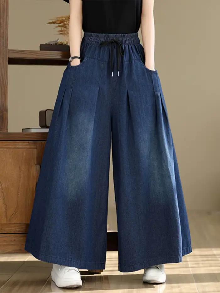 Jean bleu pour femmes avec jambes larges, taille élastique, matière coton-polyester, style décontracté, facile à assortir, pour toutes les saisons