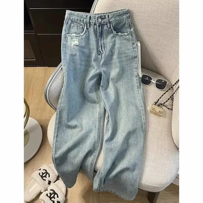 Pantalon en denim bleu clair pour femmes, coupe ample, taille haute, décontracté, vintage, déchiré, nouvelle collection automne, idéal pour toutes les occasions