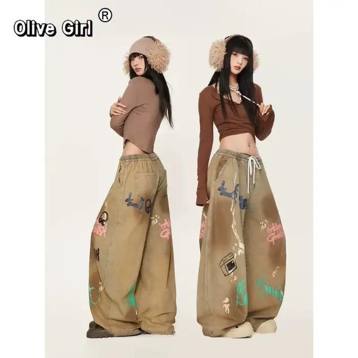 Olivegirl Hiphop Denim jean américain rétro haute rue danse pantalon Graffiti Vintage