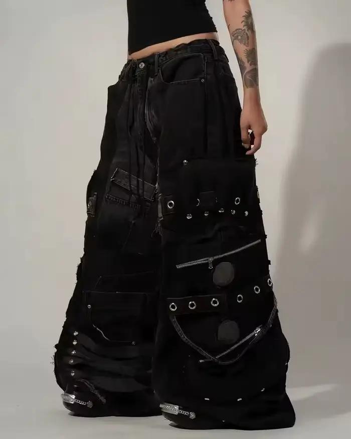 Pantalon en jean noir déchiré unisexe Y2K avec plusieurs poches cargo