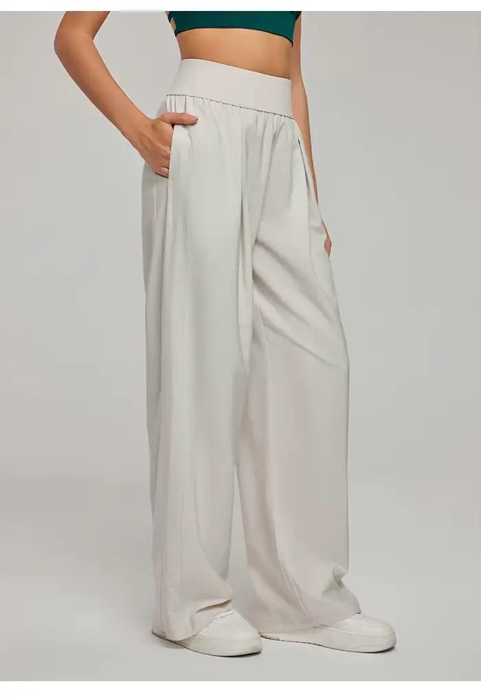 Pantalon de yoga taille haute à jambe large pour femme, coupe droite et ample, décontracté, respirant et léger, idéal pour le printemps et l'été, tissu mixte nylon et élasthanne, plis décoratifs, ajustement parfait, confort tout au long de l'année