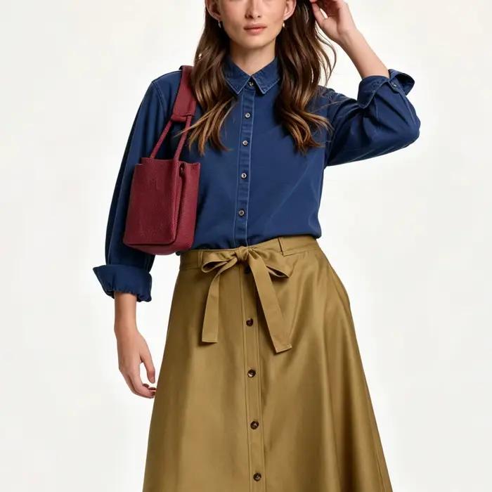Chemise en denim brodée CH à manches longues femme col pointu coupe classique style américain confortable décontractée idéale tous les jours voyage