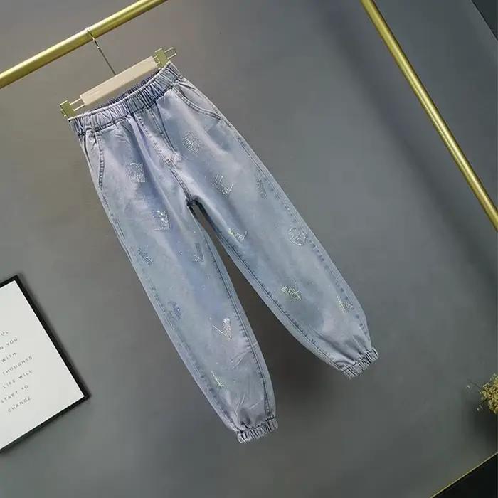 Jean en Denim Vintage Bleu Clair avec Strass pour Femme