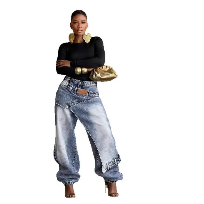 Jeans Femme Vintage Coupe Large Denim Délavé Patchwork Pantalon Droit Effet Usé Occasions Spéciales Style Streetwear