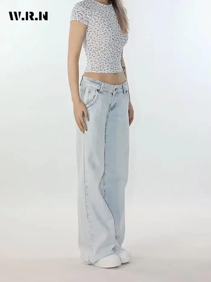Warenew bleu clair taille basse jean femme Streetwear américain Vintage Denim pantalon