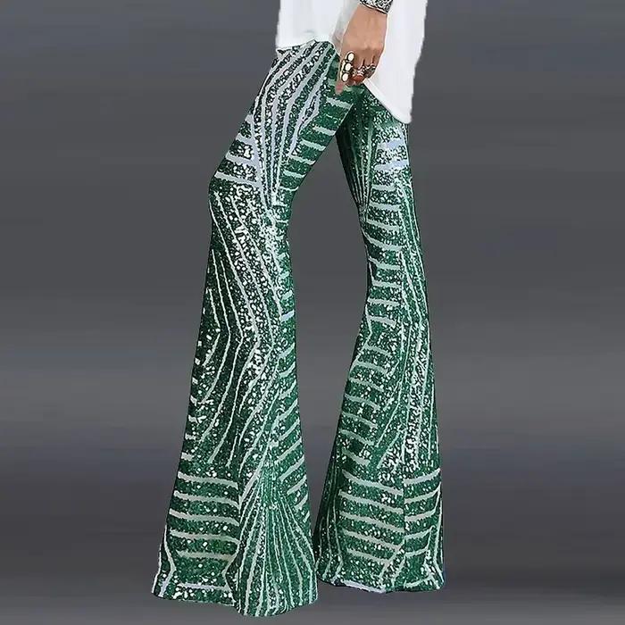 Paillettes taille haute pantalon évasé maigre Streetwear sauvage basique mince 2025 tendance Patchwork décontracté été