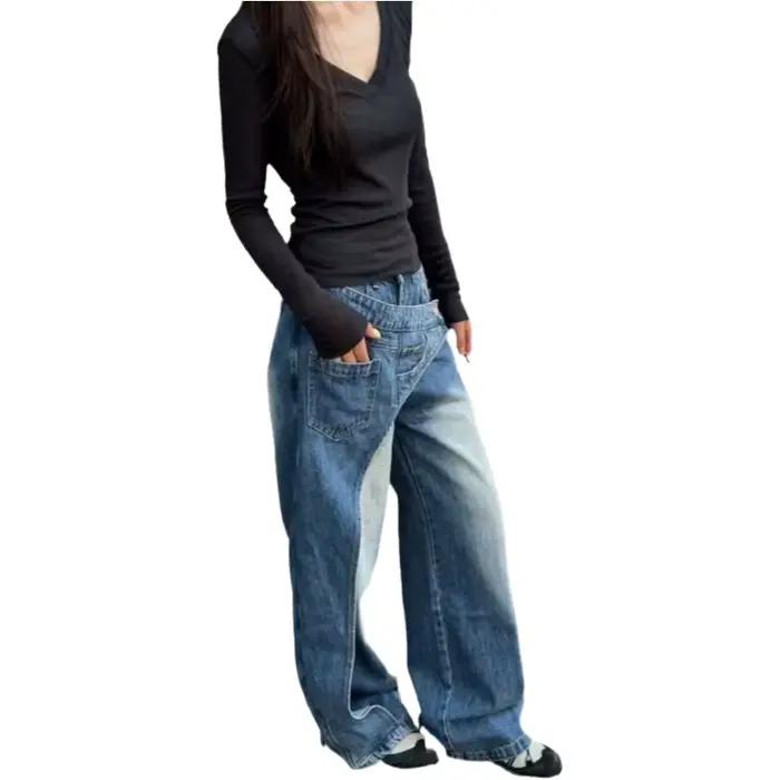 Jean en denim délavé grande taille style streetwear américain pour femme