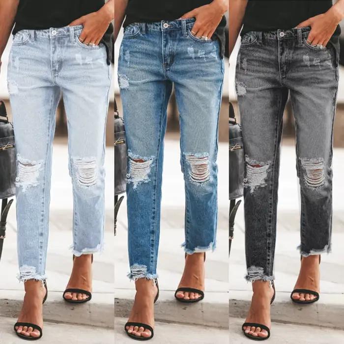 Pantalon en denim déchiré pour femme, jean slim, style décontracté, coupe haute, adoucissant, idéal pour le bureau et les soirées