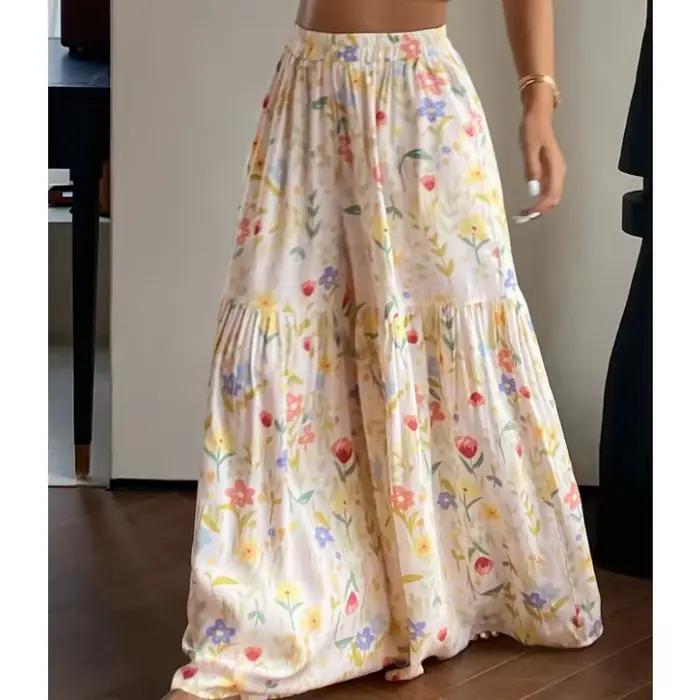 Pantalon d'été féerique à fleurs pour femme, taille haute, coupe ample, jambe large, élégant, polyvalent, droit