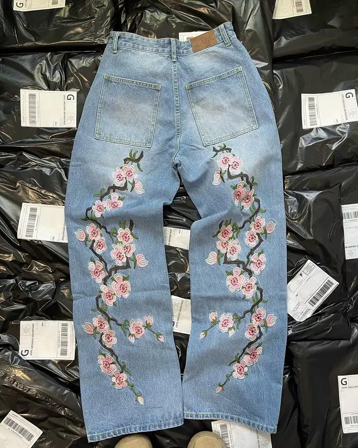 Simbol Project Blossom Jeans brodés Vintage taille basse pantalon à jambes larges Harajuku hommes femmes Baggy