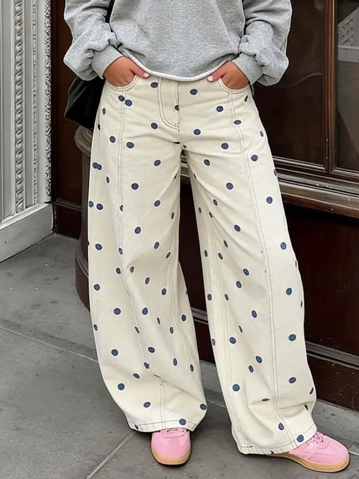 Jean ample en denim à pois pour femme – Pantalon décontracté et tendance à jambe large pour le printemps