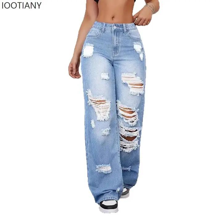 Trou jean femmes pantalon à jambes larges Vintage lavé déchiré Denims longueur de plancher taille haute en détresse