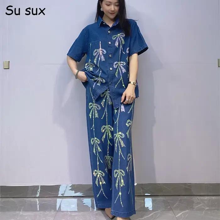 Ensemble 2 pièces en Denim à manches courtes pour femmes
