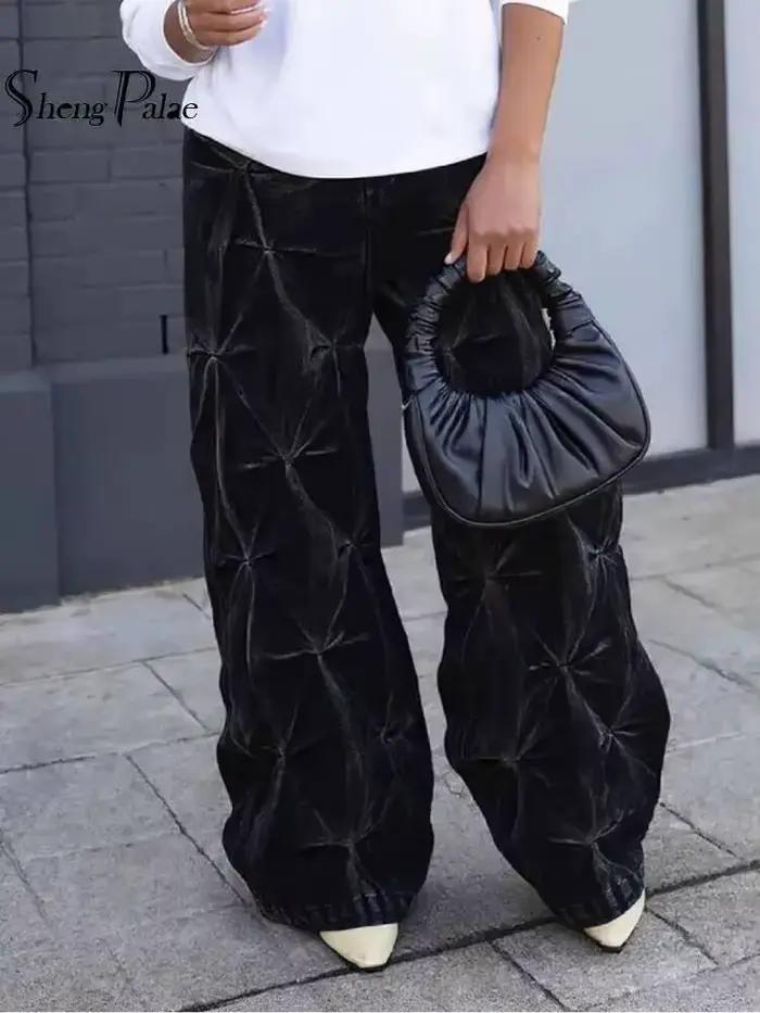 SHENGPALAE Jean en denim délavé plissé déstructuré style européen et américain pour femme