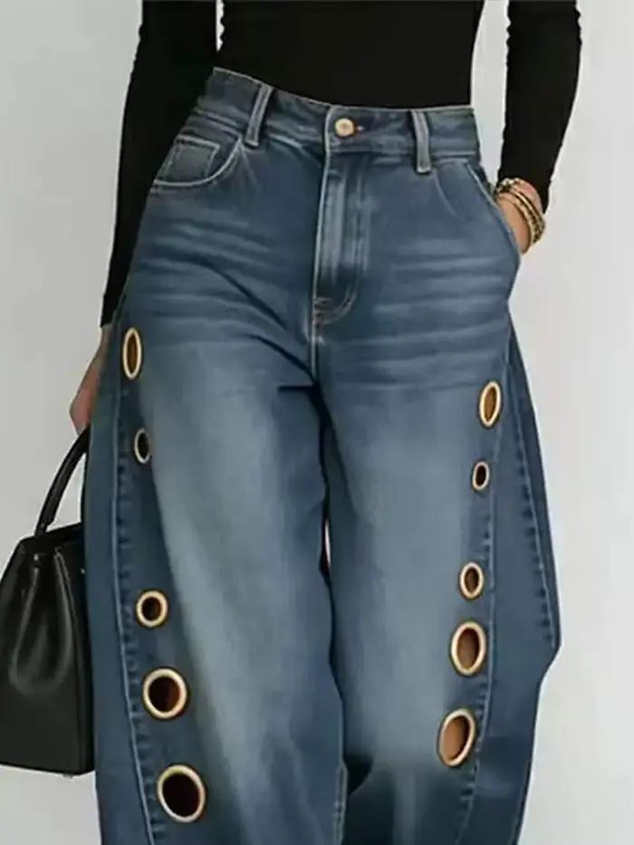 DFCF Jeans Vintage Femme Tendance Décontracté Streetwear Y2K Ample Poches Découpées Pantalon Large 2026 Nouveauté Toutes Saisons