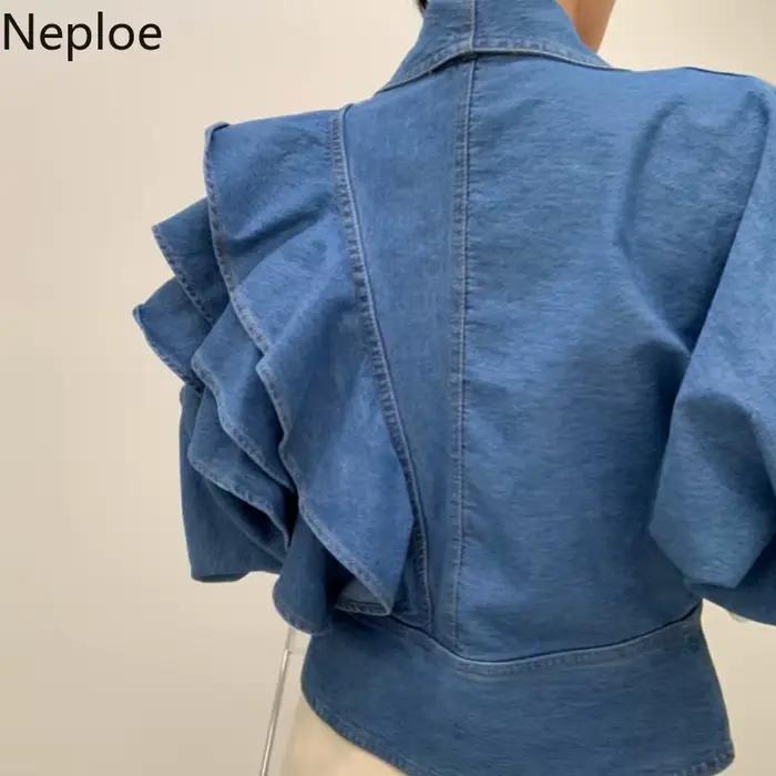 Neploe automne 2025 femmes vêtements recadrée Denim veste Vintage col rabattu manches bouffantes volants haut court coréen Jean manteau