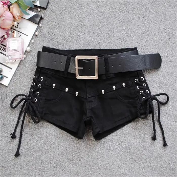 Short en jean coréen taille basse 2024 - Riveté à lacets moulant noir pantalon chaud Vintage effronté butin été TikTok Y2K tenue