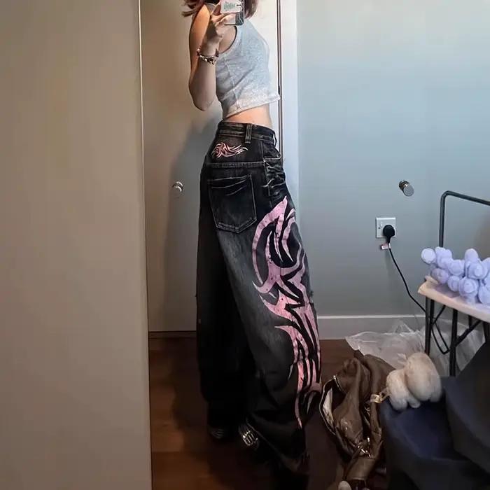 Y2K américain Vintage tacheté Totem imprimé Baggy jean femme taille haute jambe large