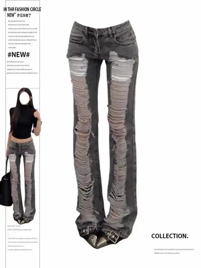 Jeans skinny gris déchirés pour femmes