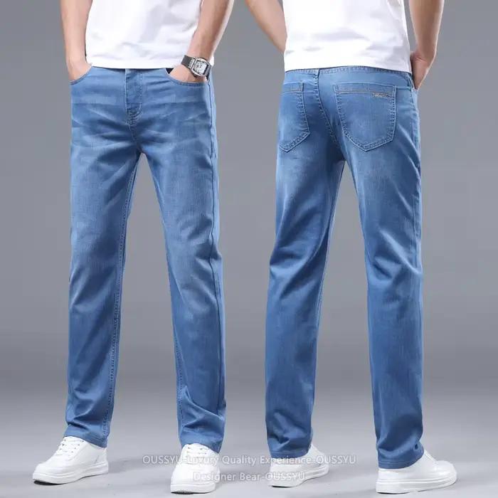 Nouveau Jean Homme Été 2026 Fin Respirant Bleu Clair Coton Coupe Slim Décontracté Pantalon de Travail Coréen Grande Taille 40