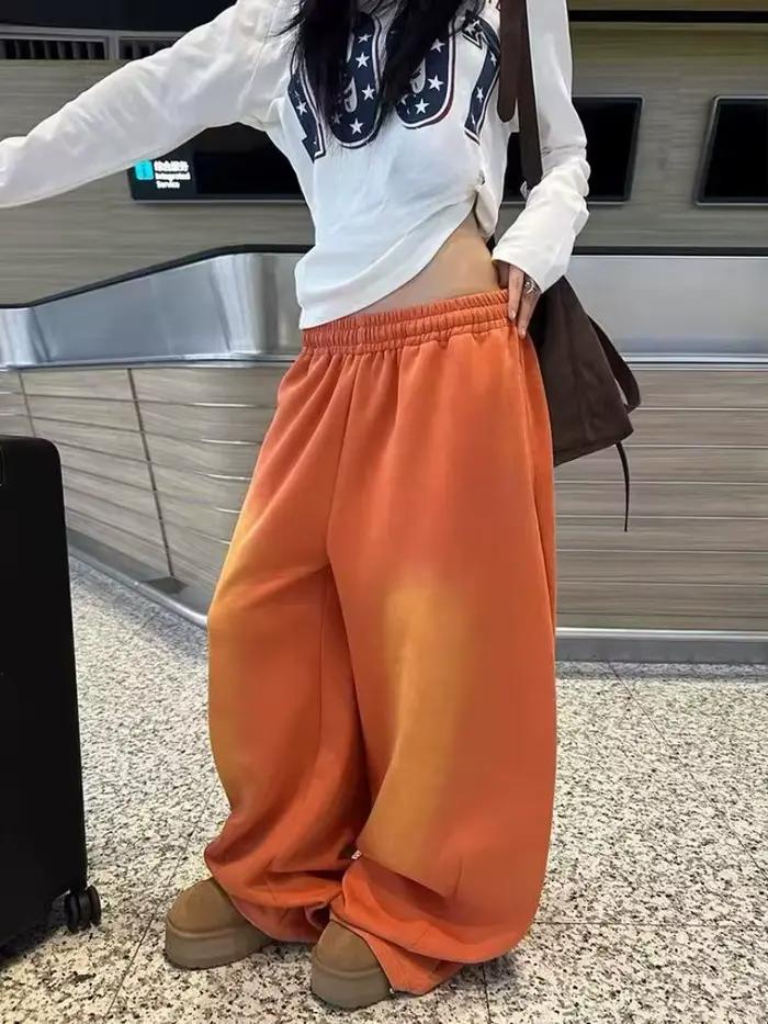 NUOMICI jean femme Orange taille mi basse lavé rétro jambe large sport ample Kpop hip-hop pantalon de rue mode