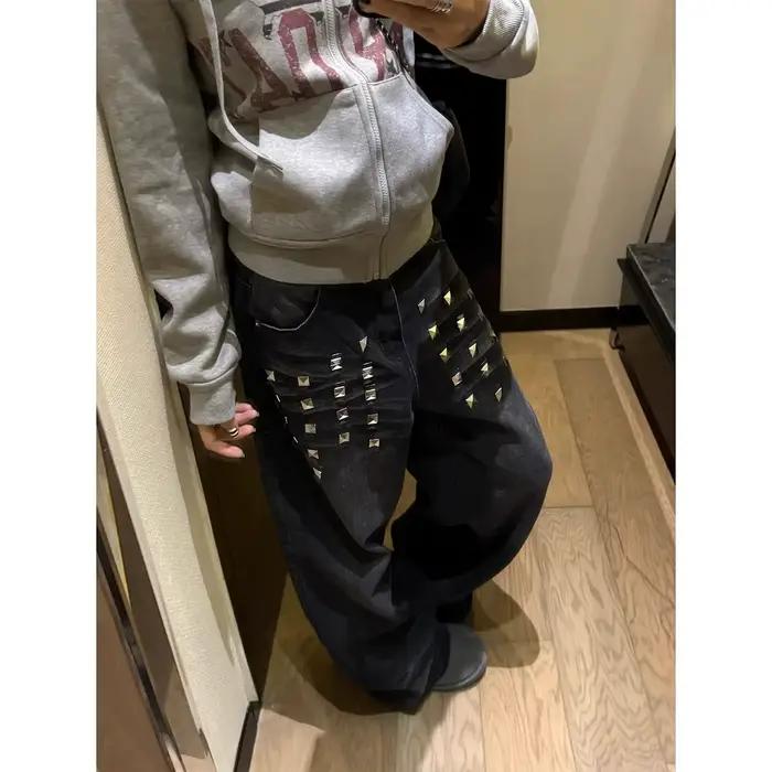 Nouveau Jean Rétro Délavé à Rivets Coupe Large Décontracté Polyvalent Tendance Style Balayant le Sol