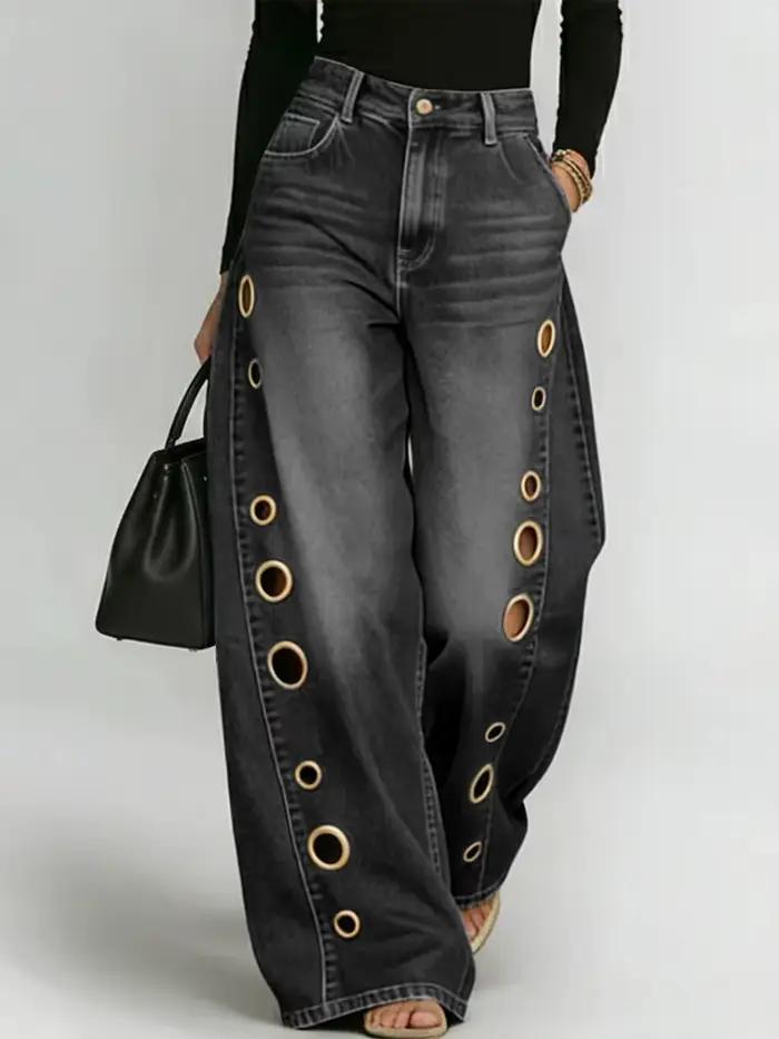 Jean large décontracté bleu délavé avec œillets métalliques pour femme occasions toute saison