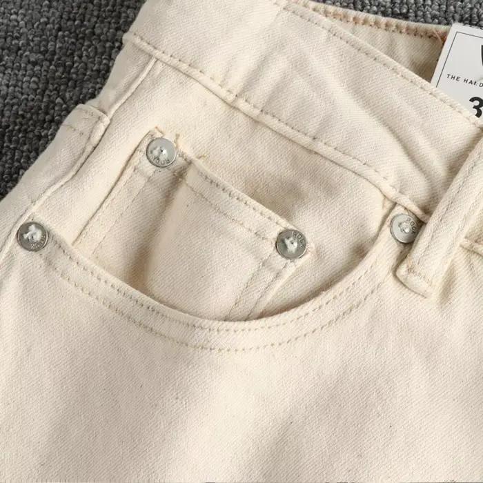 Jean cargo en denim blanc beige rétro américain pour hommes