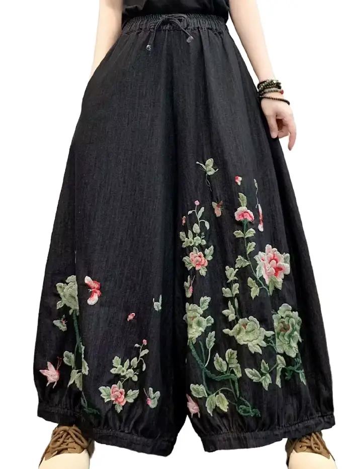 Amax luluE été femmes mode jean à fleurs surdimensionné Denim pantalon dames ample décontracté Vintage broderie jambe large Pantalons