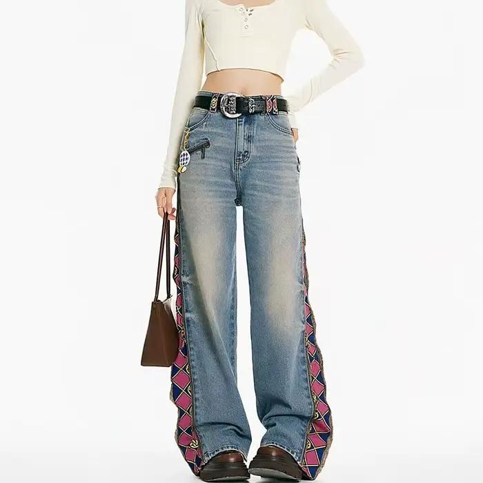 American Sle fermeture éclair Plaid imprimé Patchwork jean ample pour hommes et femmes mode taille haute décontracté