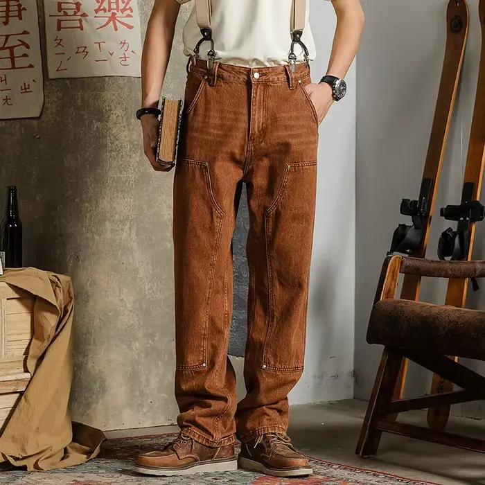 American Vintage Men's Jeans Make Old Loose Logging Cargo Pants Spring Autumn Splicing Design Straight Denim Trousers Male Retro