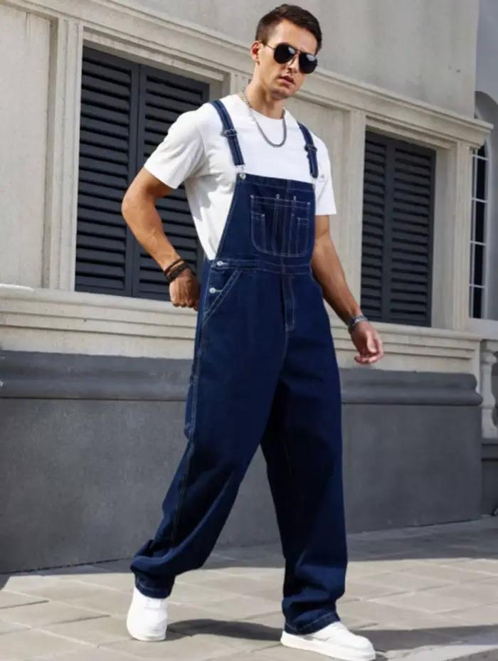 Salopette en denim bleu foncé ample pour homme sans manches ajustement lâche coupe décontractée pour quatre saisons ocassions diverses confort maximal