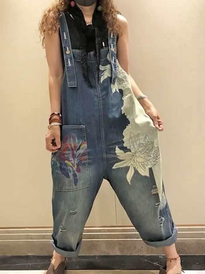 Femmes mode salopette dames été imprimé Denim Pantalons Vintage Jeans décontractés