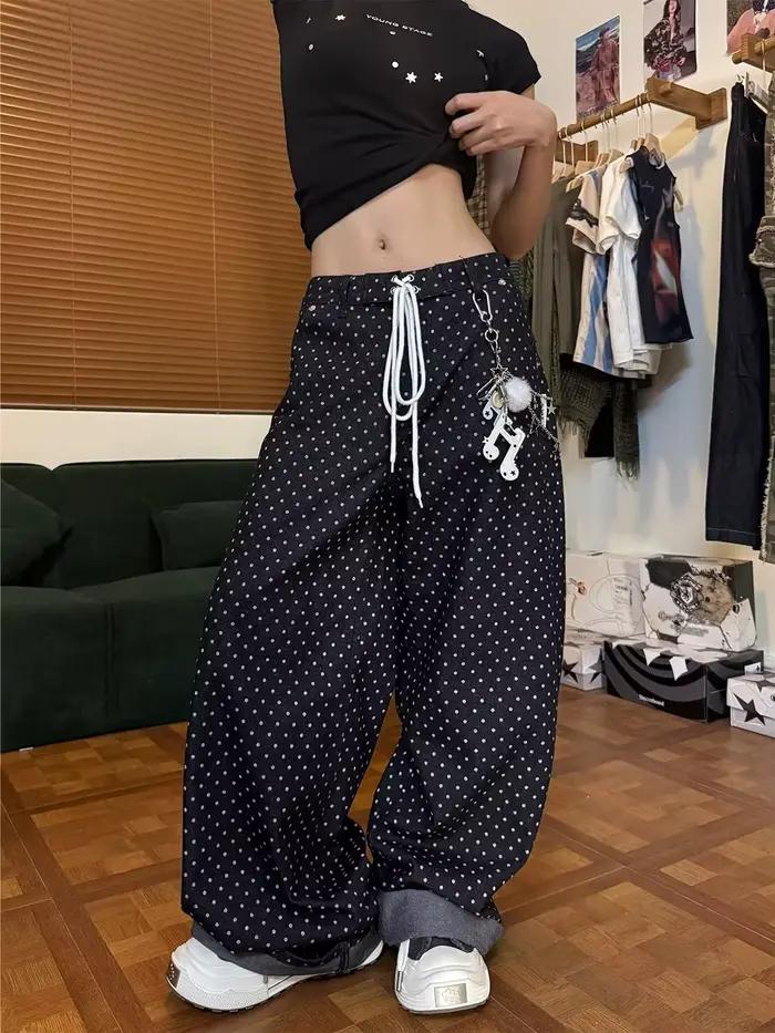 Pantalon femme noir gothique Y2k Baggy jean Harajuku Vintage à pois Denim