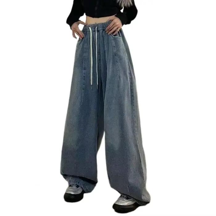 Jeans amples vintage unisexes avec taille élastique et poches profondes pour femmes, style décontracté, matériau polyester, adapté aux saisons automne-hiver, pour une utilisation polyvalente et élégante