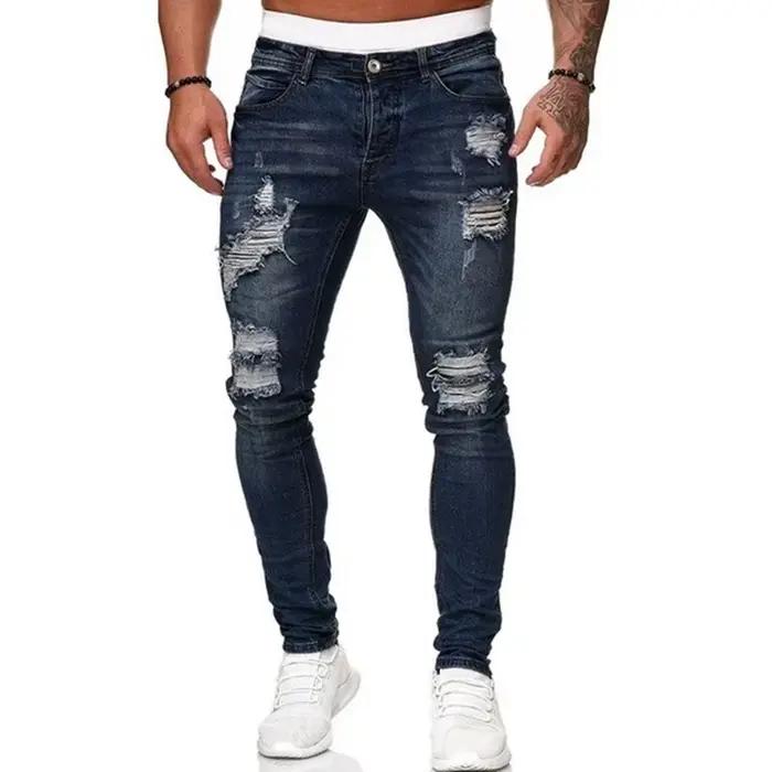 Mode Street Style déchiré Skinny Jeans hommes Vintage lavage solide Denim pantalon